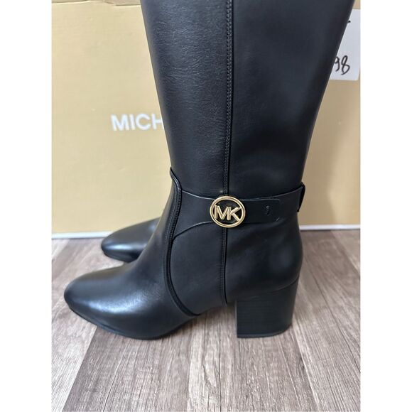 NWT Michael Kors Side Zip Block Heel Leather Carmen Riding Boots Black Size 7.5